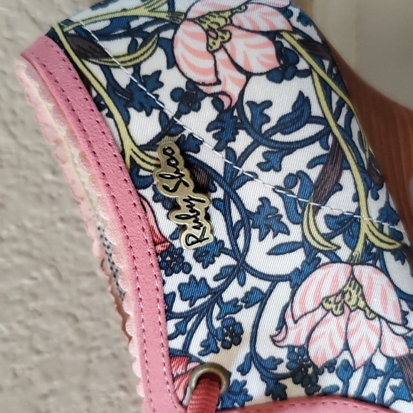 Ruby Shoo Teal and Pink Floral Heels - Tassle / Bow Closure - Picture 3 of 7